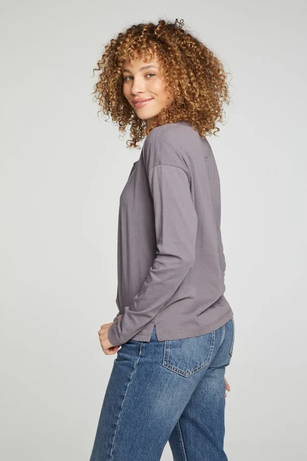 Cheap Cropped Boxy Long Sleeve Henley With Side Slits Women Tops