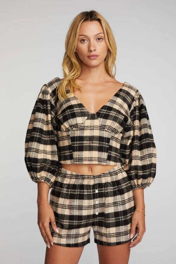 Discount Flannel Puff Sleeve Cropped Blouse Women Loungewear | Tops