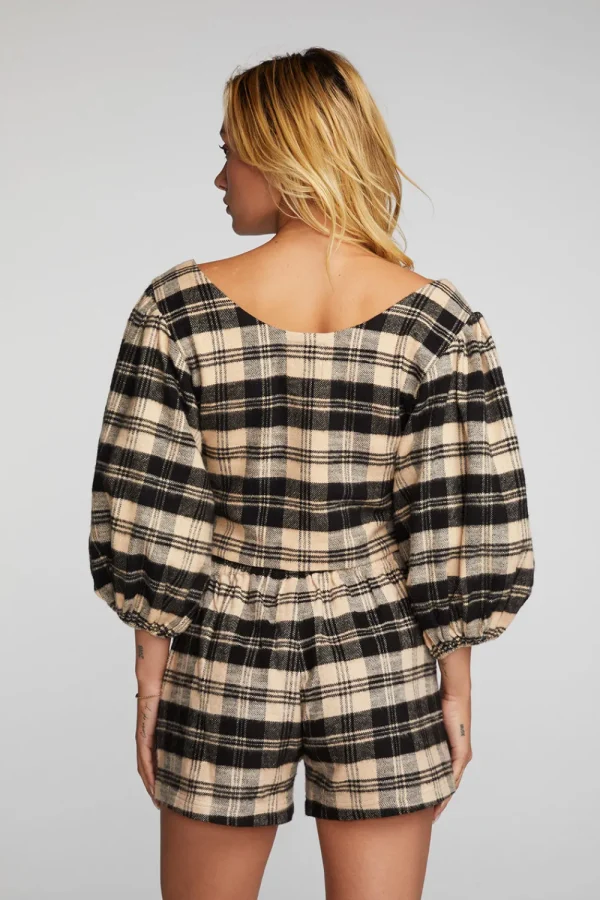 Discount Flannel Puff Sleeve Cropped Blouse Women Loungewear | Tops