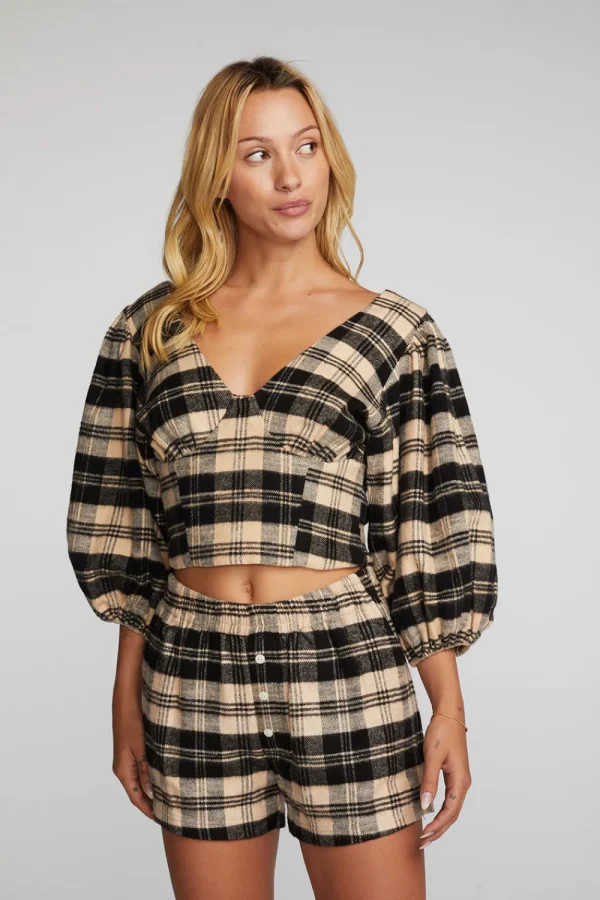 Discount Flannel Puff Sleeve Cropped Blouse Women Loungewear | Tops