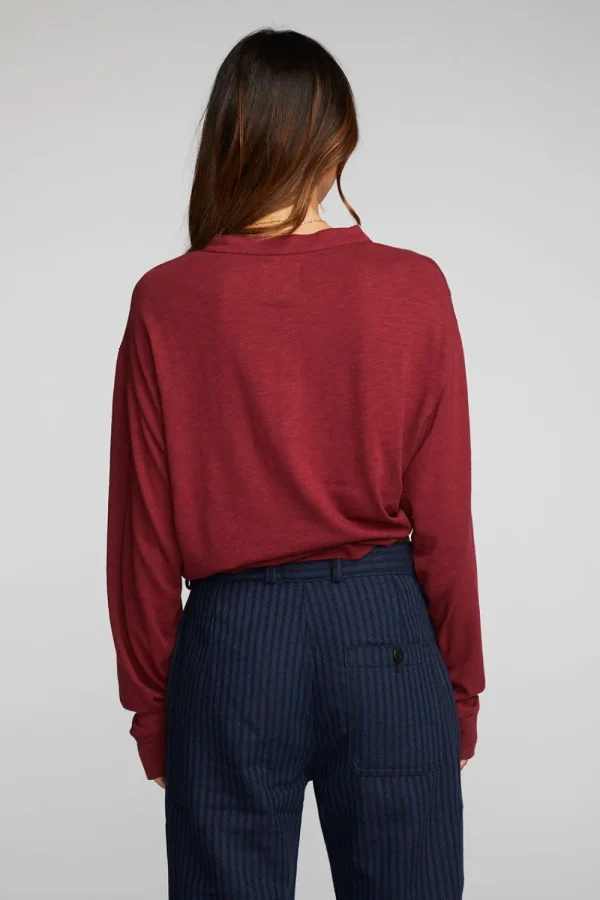 Cheap Gauze Jersey Long Sleeve Henley With Deconstructed Bottom Hem Women Loungewear | Tops
