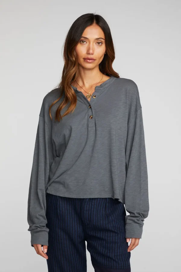 Discount Gauze Jersey Long Sleeve Henley With Deconstructed Bottom Hem Women Loungewear | Tops
