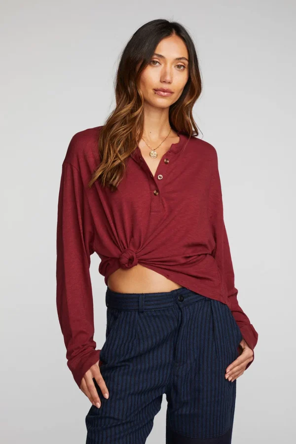 Cheap Gauze Jersey Long Sleeve Henley With Deconstructed Bottom Hem Women Loungewear | Tops