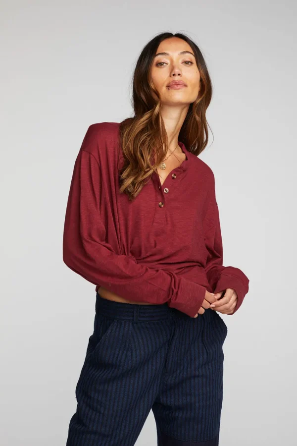 Cheap Gauze Jersey Long Sleeve Henley With Deconstructed Bottom Hem Women Loungewear | Tops