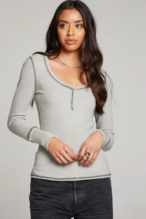Best Sale Heather Grey Long Sleeve Henley Women Loungewear | Tops