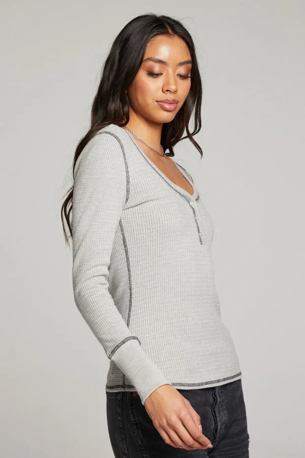 Best Sale Heather Grey Long Sleeve Henley Women Loungewear | Tops