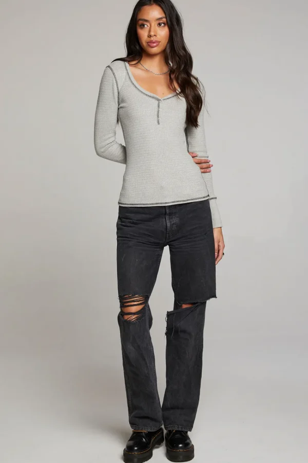 Best Sale Heather Grey Long Sleeve Henley Women Loungewear | Tops