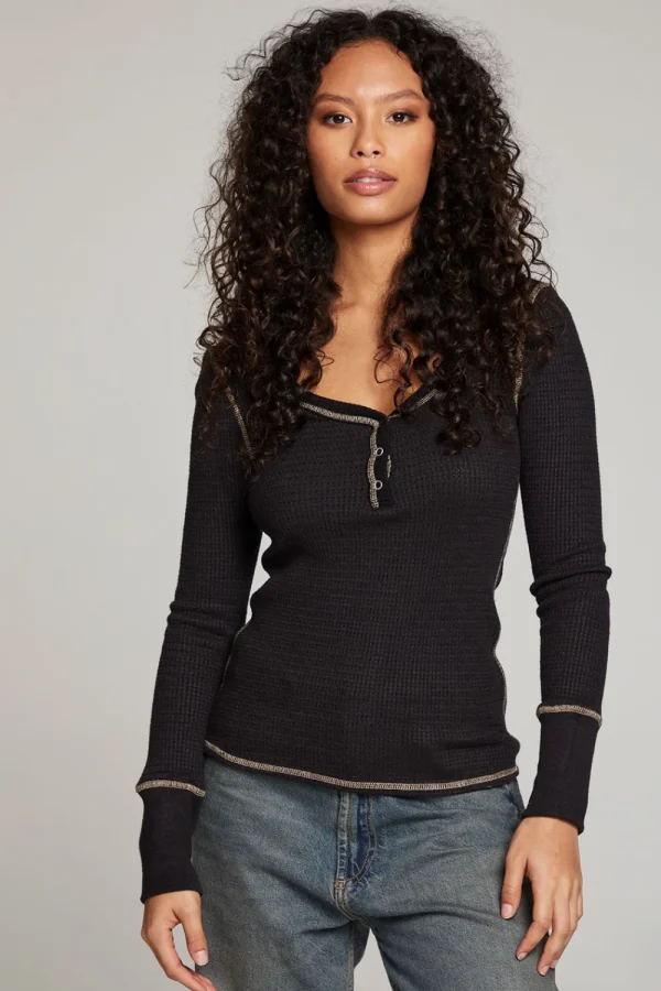 Cheap Licorice Long Sleeve Henley Women Loungewear | Tops