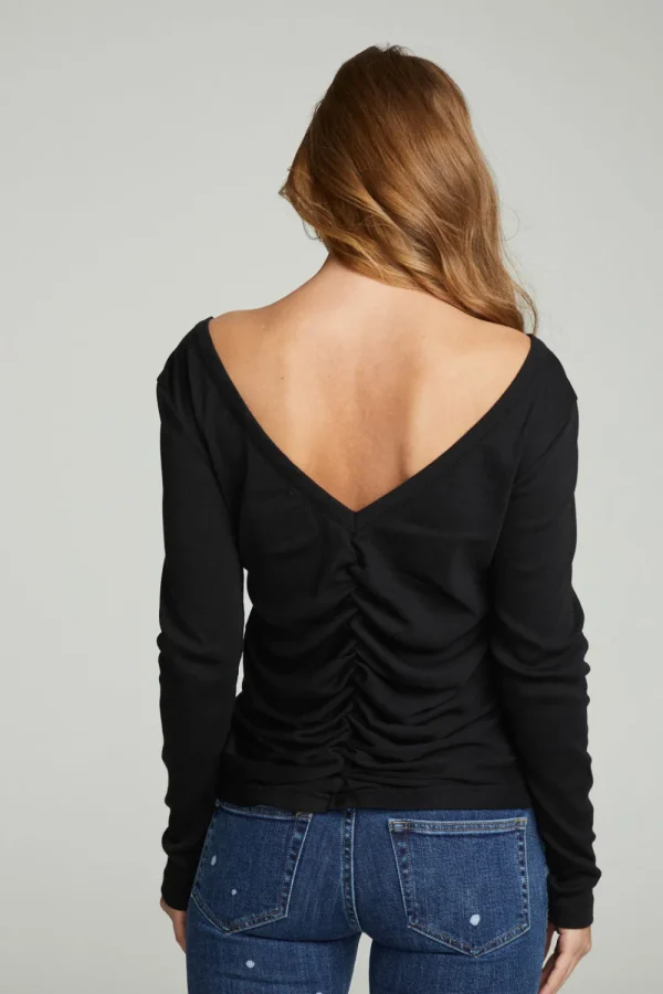 Discount Long Sleeve Shirred V-back Tee Women Tops