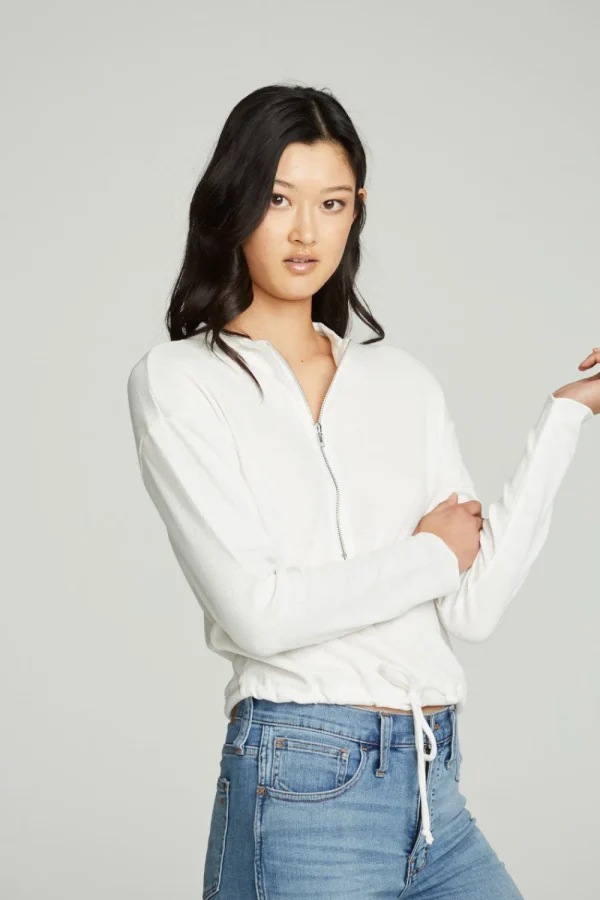 Outlet Long Sleeve Zipper Mock Neck Semi Cropped Tee Women Tops