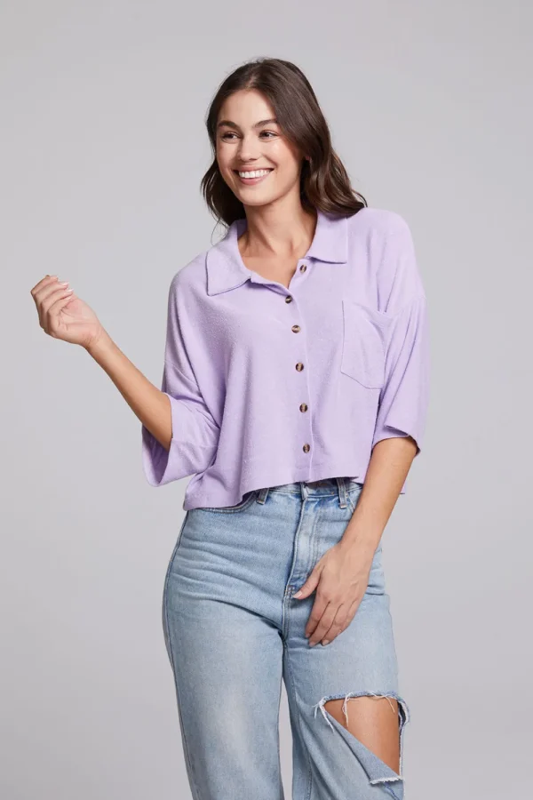 Hot Marine Crop Button Down - Digital Lavender Women Loungewear | Tops