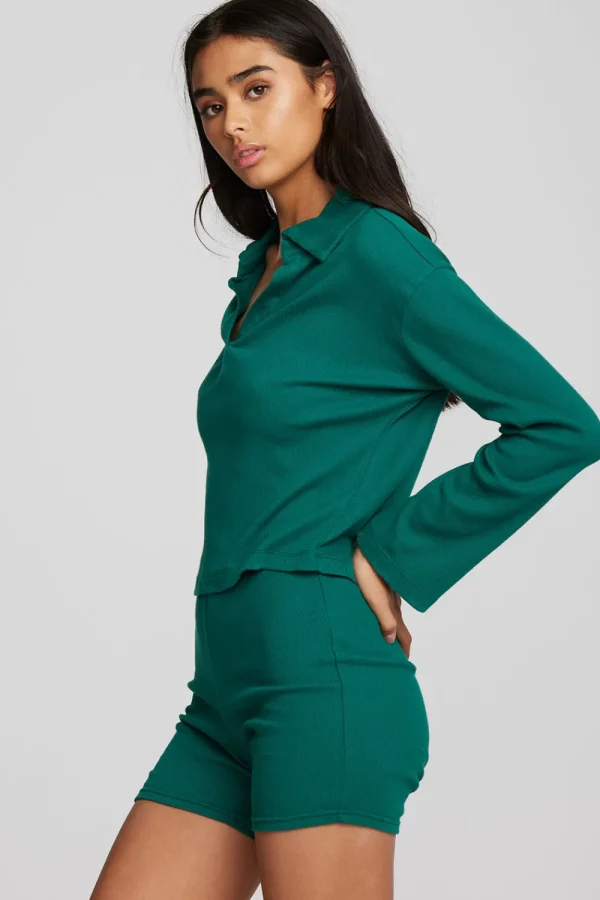 Flash Sale Recycled Vintage Rib Cropped Polo With Distressed Detail Long Sleeve Women Tops