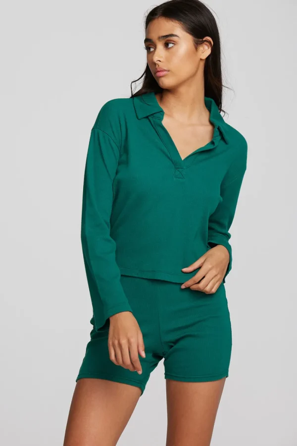 Flash Sale Recycled Vintage Rib Cropped Polo With Distressed Detail Long Sleeve Women Tops