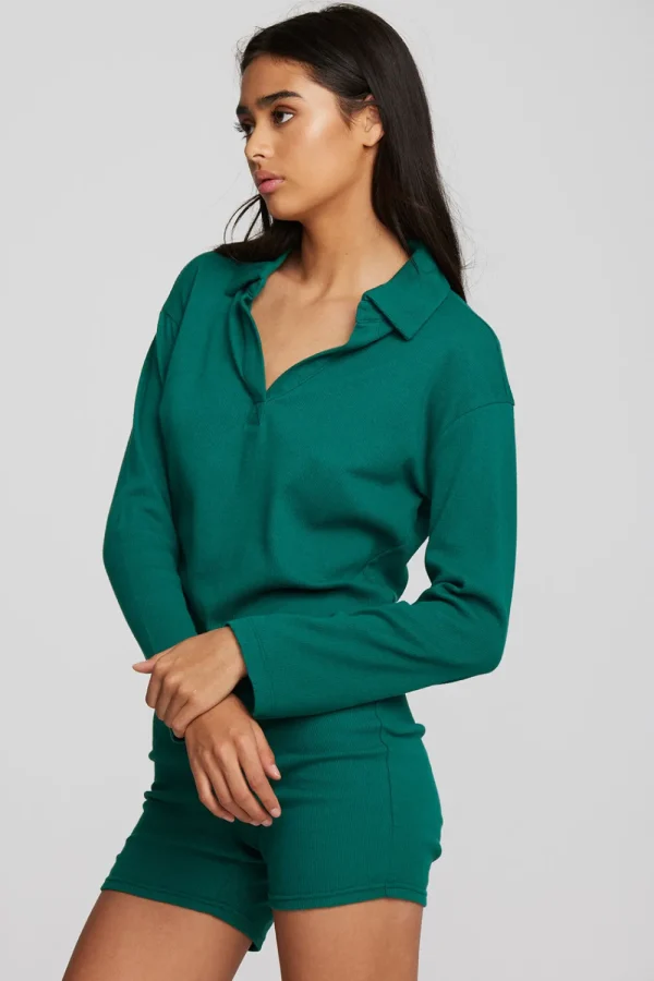 Flash Sale Recycled Vintage Rib Cropped Polo With Distressed Detail Long Sleeve Women Tops