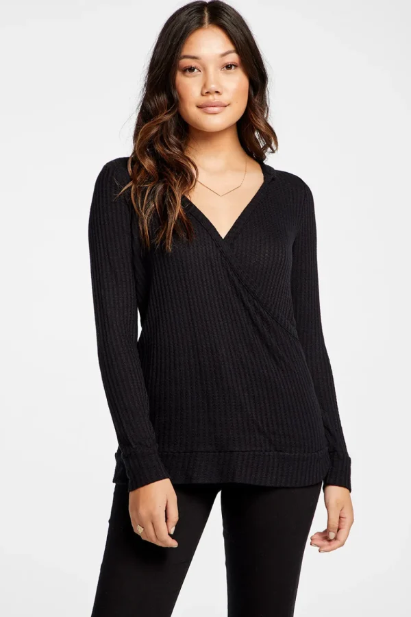 Store Vintage Thermal Hooded Surplice Pullover Women Tops