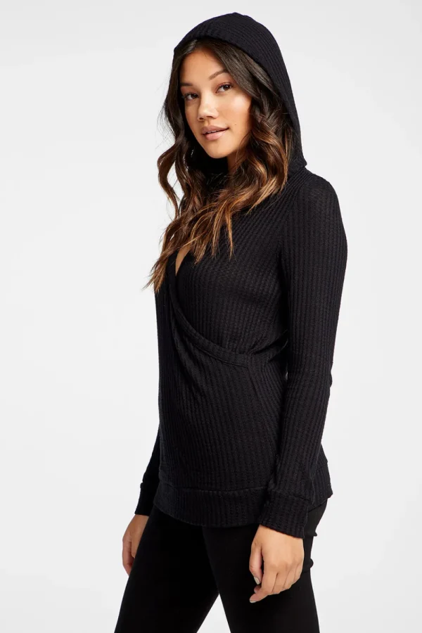 Store Vintage Thermal Hooded Surplice Pullover Women Tops